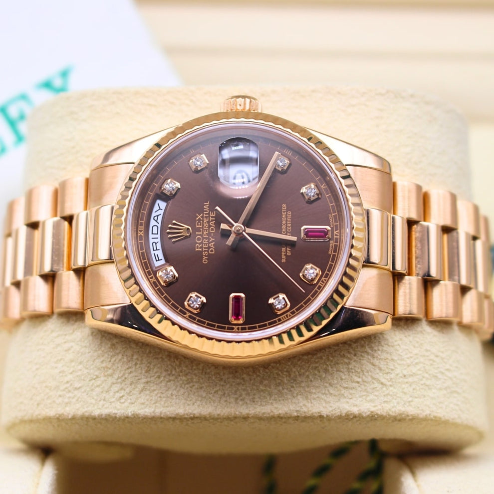 Rolex Day Date 118235 President Bracelet Brown Dial Rose Gold 2002 Good Condition Fluted Bezel 36mm Mechanical Watch - product image from Imperial Time ...