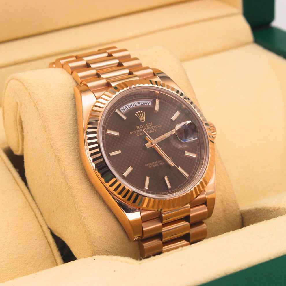 Rolex Daydate 40 228235 Oyster Bracelet Brown Dial Rose Gold 2020 Pristine Condition Fluted Bezel 40 Mm Mechanical Watch - product image from Imperial Ti...
