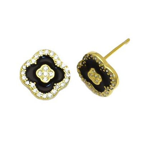 Ohrstecker aus 925er Sterlingsilber, 14 Karat vergoldet, mit Zirkonia und schwarzem Emaille-Blumenmuster