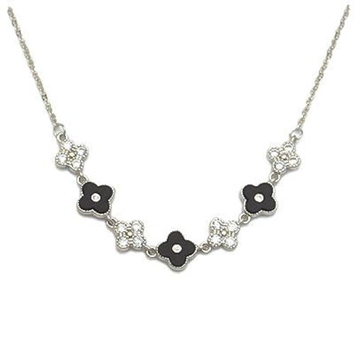 Halskette aus 925er Sterlingsilber mit Zirkonia und schwarzer Emaille-Blume