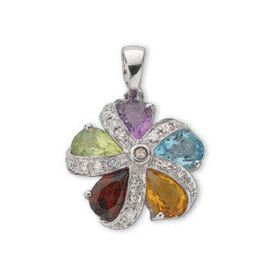 9ct White Gold 0.12ct Diamond & Multi Colour Gems Cluster / Flower Pendant