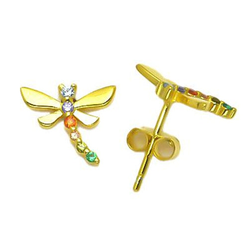 925er Sterling Silber 14K vergoldete Regenbogen Zirkonia Libellen Ohrstecker