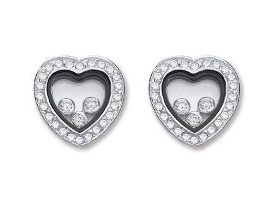 Silver Floating Cubic Zirconia Heart Stud Earrings