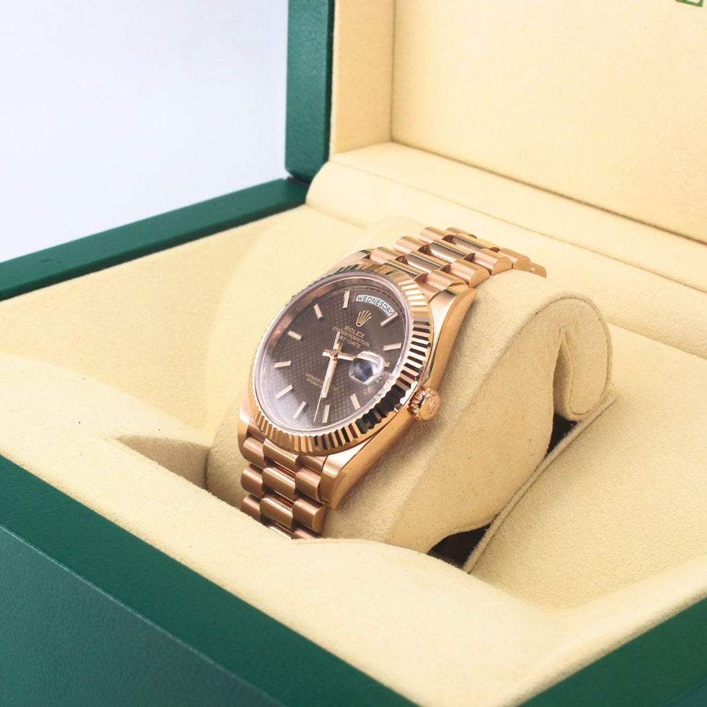 Rolex Daydate 40 228235 Oyster Bracelet Brown Dial Rose Gold 2020 Pristine Condition Fluted Bezel 40 Mm Mechanical Watch - product image from Imperial Ti...