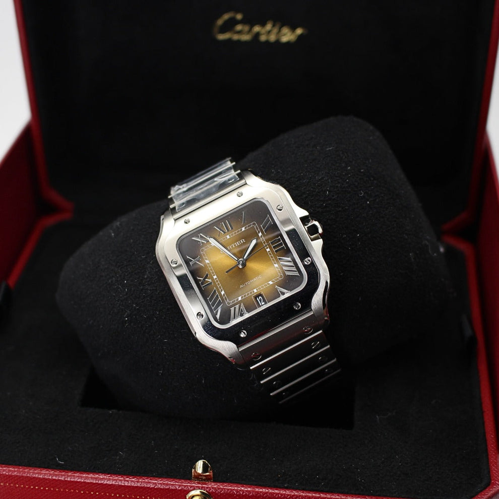 Cartier Santos WSSA0064 Large Brown Dial Interchangeable Leather Strap Luxury Swiss Watch Certified Pre-Owned Kensington London Boutique - product...