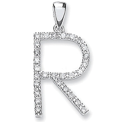 9ct White Gold 0.24ct Diamond R Initial