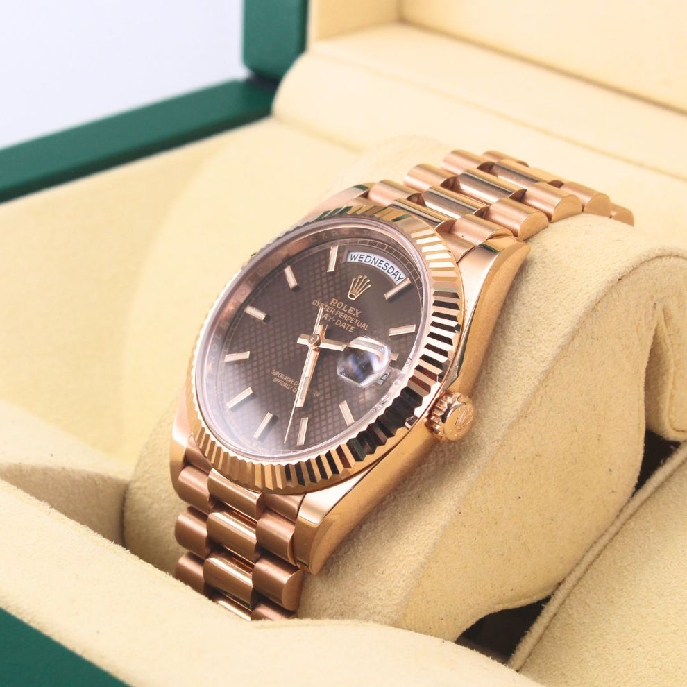 Rolex Daydate 40 228235 Oyster Bracelet Brown Dial Rose Gold 2020 Pristine Condition Fluted Bezel 40 Mm Mechanical Watch - product image from Imperial Ti...