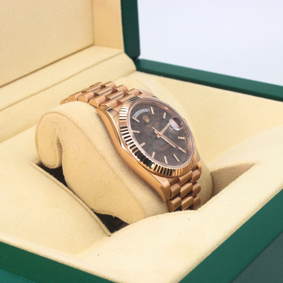 Rolex Daydate 40 228235 Oyster Bracelet Brown Dial Rose Gold 2020 Pristine Condition Fluted Bezel 40 Mm Mechanical Watch - product image from Imperial Ti...
