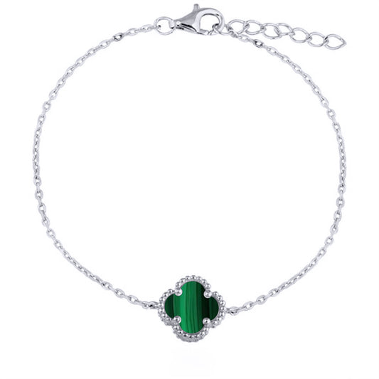 925 Silver Rhodium Plated Single Green Malachite Clover Bracelet (ABB231) – product view