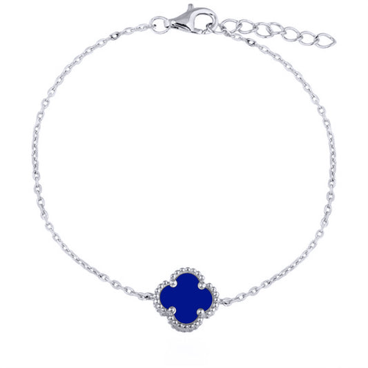 925 Silver Rhodium Plated Single Blue Agate Clover Bracelet – product view