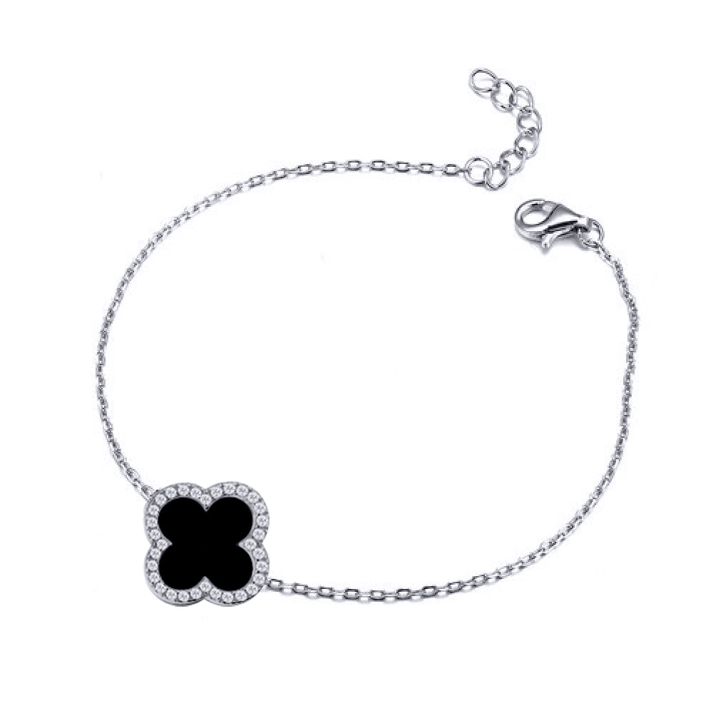925 Silver Rhodium Cubic Zirconia Set Single Clover Bracelet Black Onyx Colour – Imperial Time