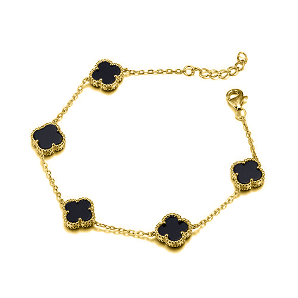 925 Silver 14ct gold Plated 5 Clover Bracelet Black Onyx Colour – Imperial Time