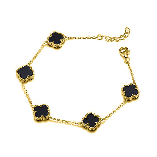 925 Silver 14ct gold Plated 5 Clover Bracelet Black Onyx Colour – Imperial Time