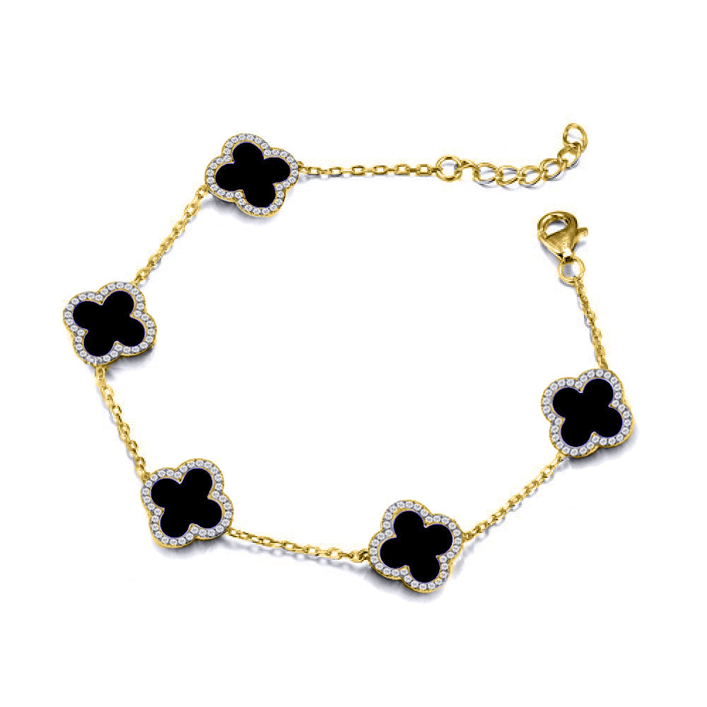 925 Silver 14ct gold Plated Cubic Zirconia Set 5 Clover Bracelet Black Onyx Colour – Imperial Time