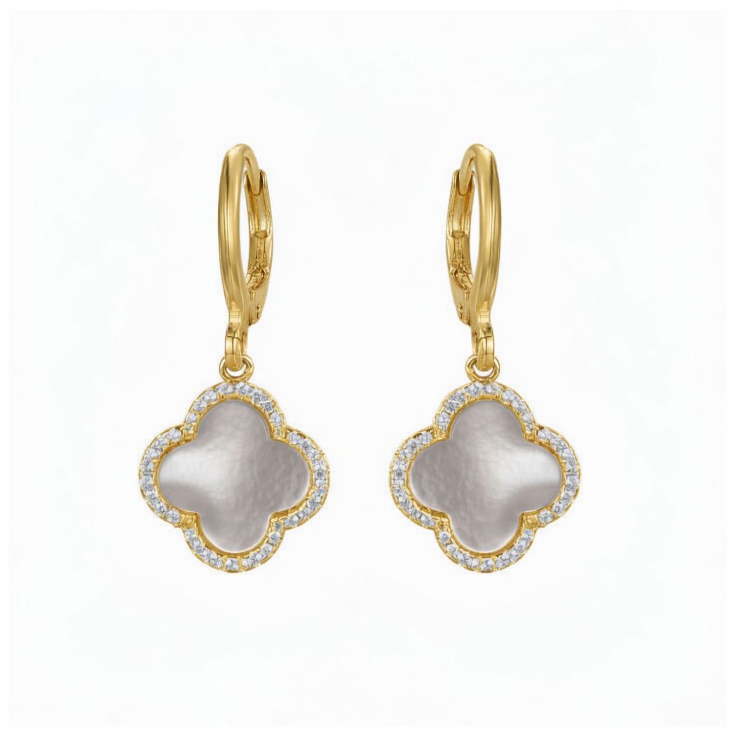 925 Sterling Silver Gold Plated Cubic Zirconia Mother of Pearl Clover Hoops – Imperial Time