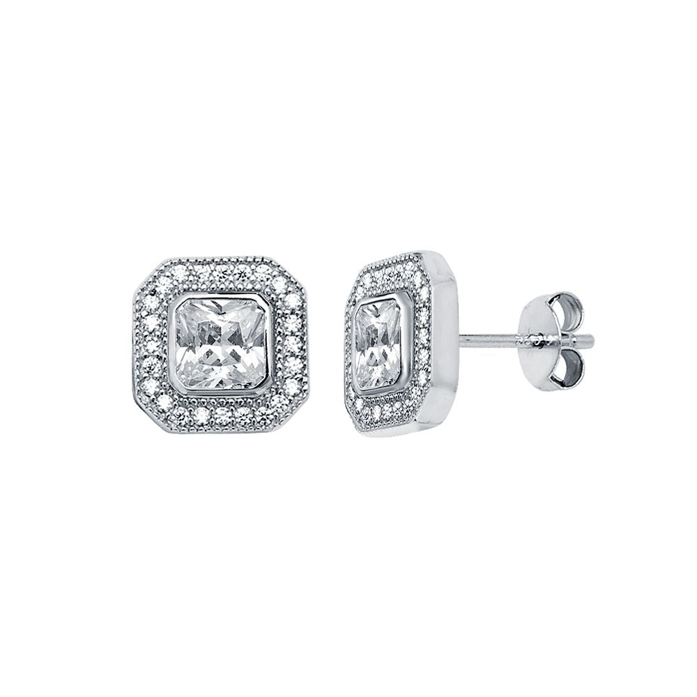 925 Silver Square Cubic Zirconia Set Halo Stud Earrings – Imperial Time