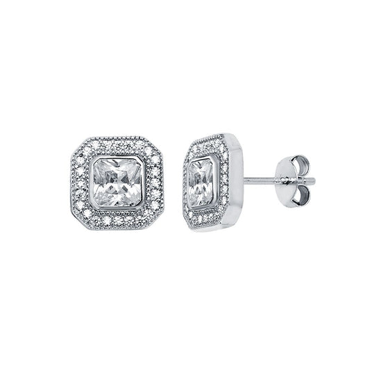 925 Silver Square Cubic Zirconia Set Halo Stud Earrings – Imperial Time