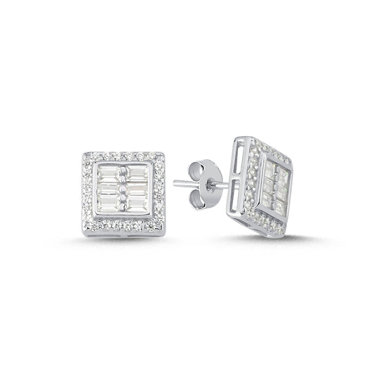 925 Silver Cubic Zirconia Brilliant and Baguette Cut Square Stud Earrings – Imperial Time