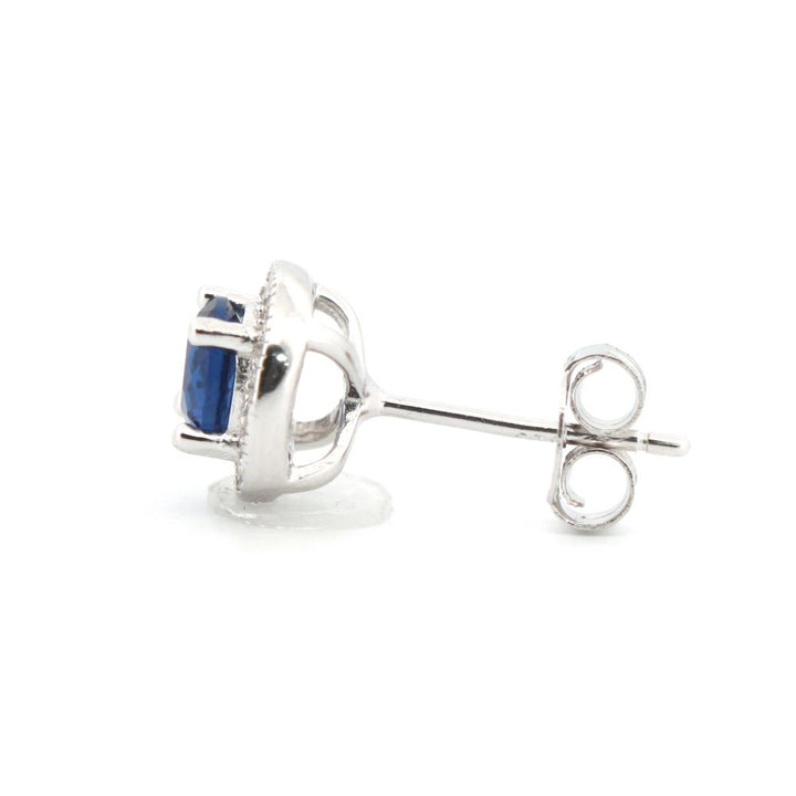 925 Silver Rhodium Halo Stud Earrings Sapphire Centre Cubic Zirconia – product view