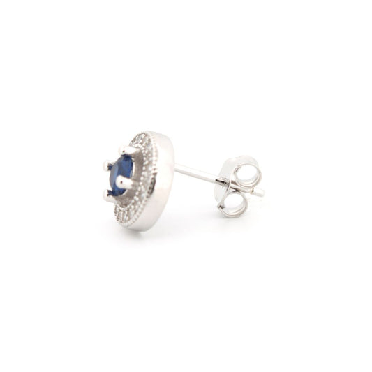 925 Silver Rhodium Halo Stud Earrings Sapphire Centre Cubic Zirconia – product view