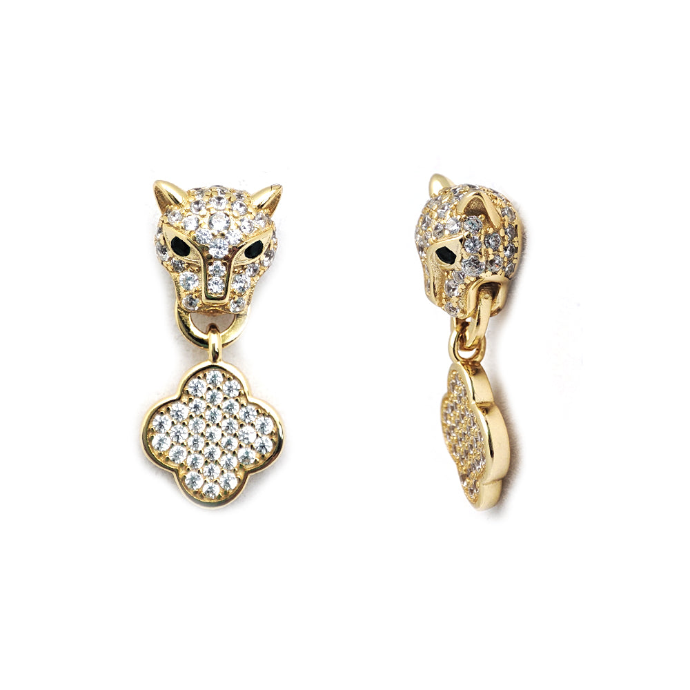 925 Silver 14ct Gold Plated Cubic Zirconia Set Panther Clover Stud Earrings Drops – Imperial Time