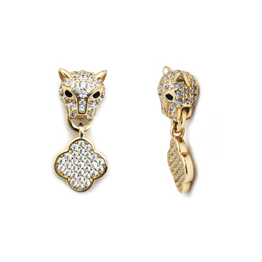 925 Silver 14ct Gold Plated Cubic Zirconia Set Panther Clover Stud Earrings Drops – Imperial Time