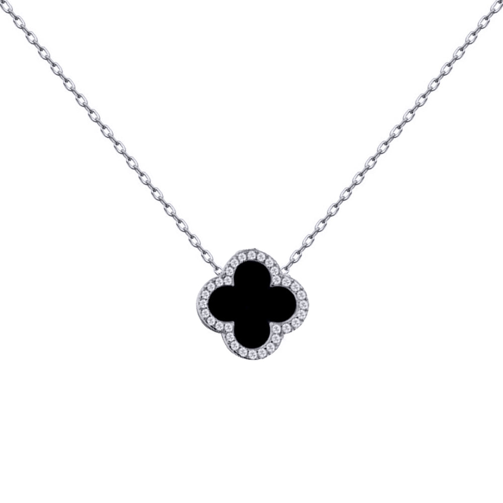 925 Silver Rhodium CZ Set Single Clover Necklace Black Onyx Colour – product view