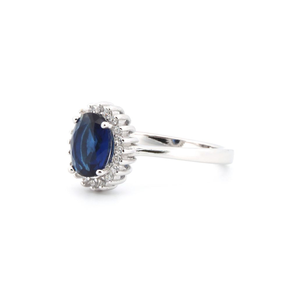 925 Silver Rhodium Cubic Zirconia Set Oval Cluster Sapphire Blue Centre – product view
