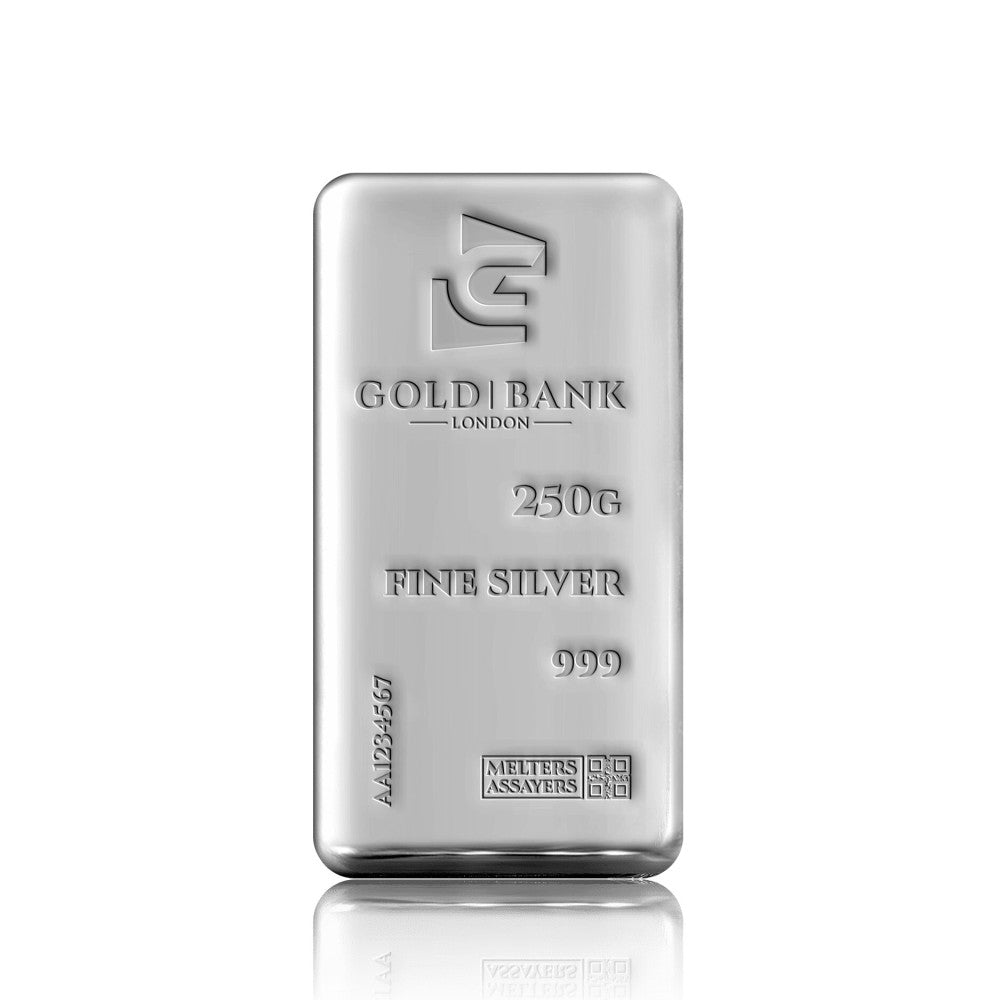 A 230g fine silver 999 purity bar from Gold Bank London, featuring a polished metallic finish and an embossed logo, shown on a clean white background with a subtle reflection below.