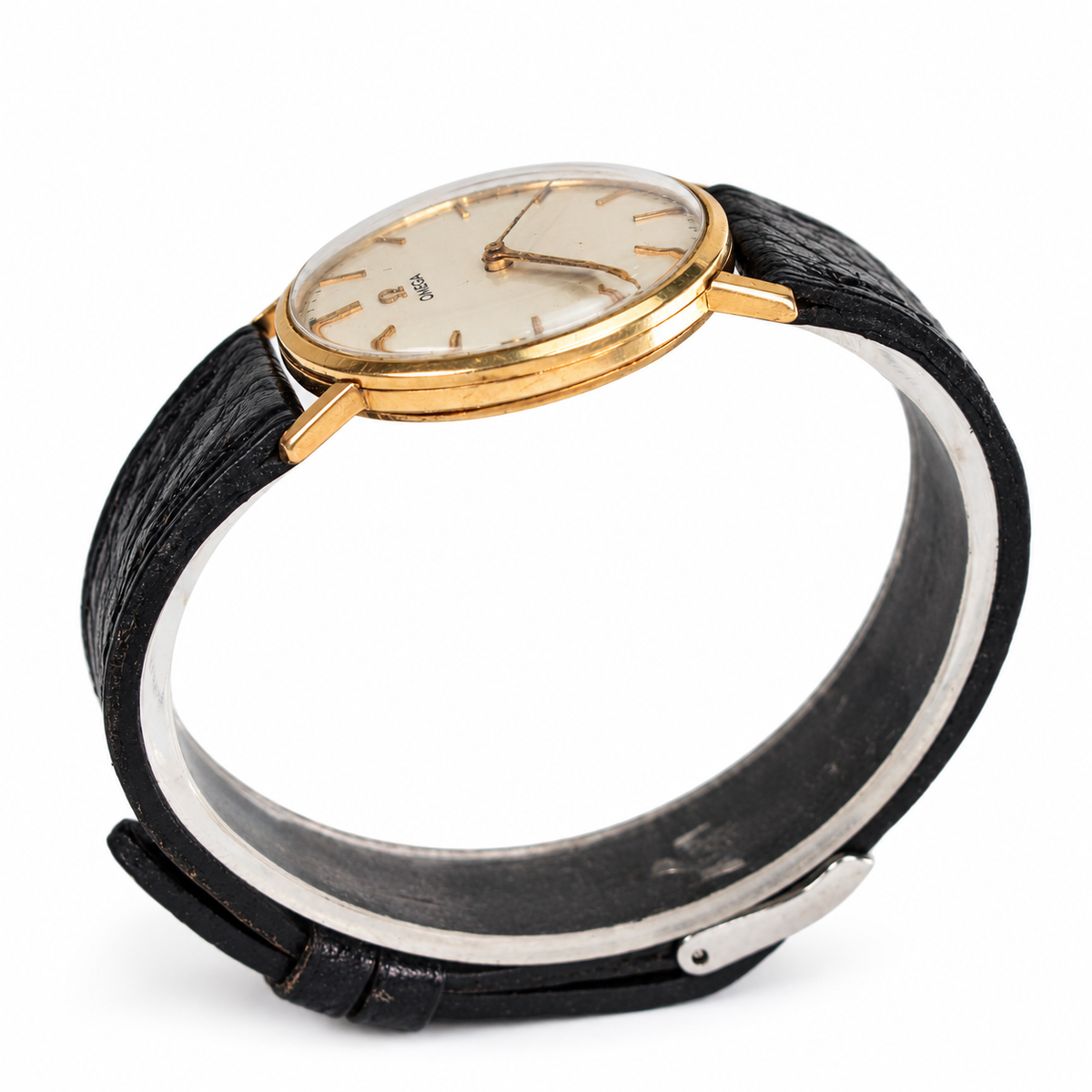 Omega vintage dress watch with black leather two-piece strap and gold-tone case