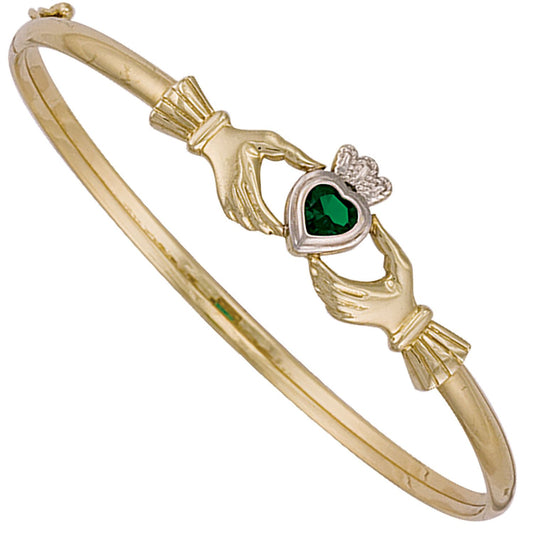 Yellow Gold Green Stone Set Claddagh Bangle
