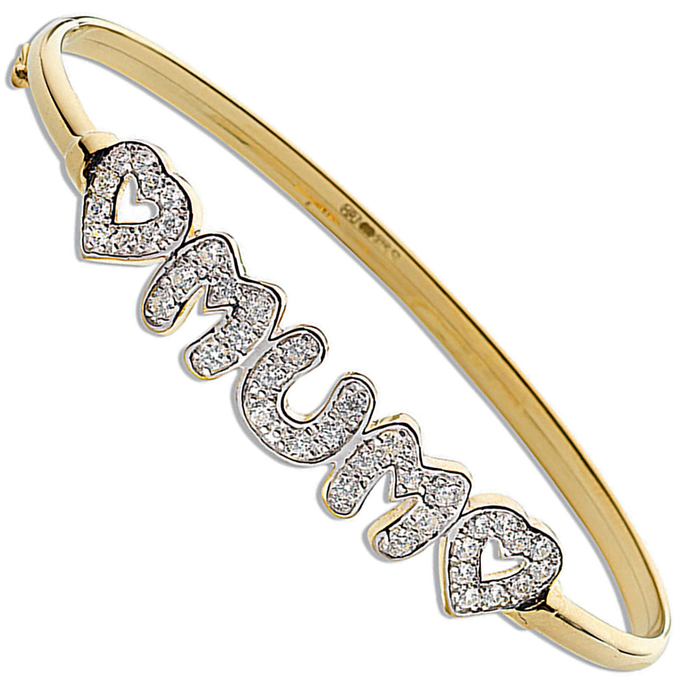 Yellow Gold Cubic Zirconia Heart / Mum Bangle – product view