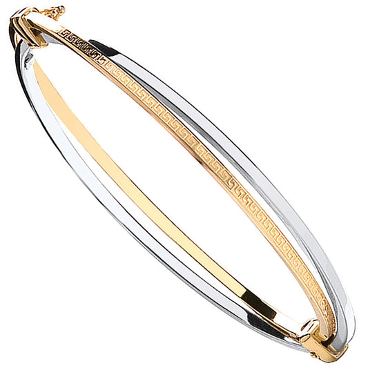 Yellow & White Gold Two Row Bangle With Greek Key Pattern