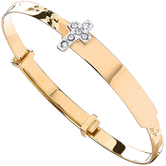 Yellow Gold D/c Expandable Baby Bangle Cubic Zirconia Cross