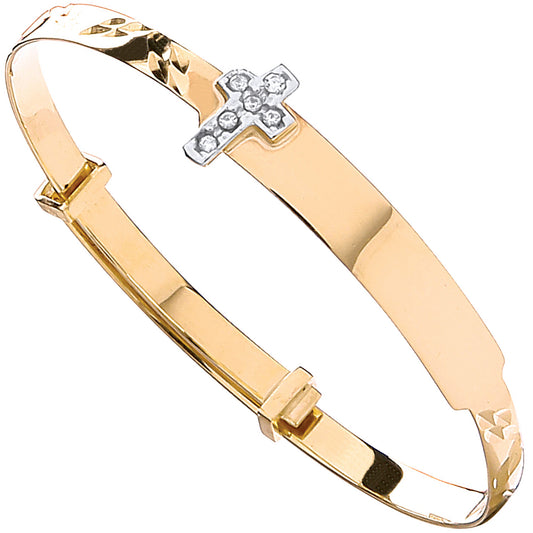 Yellow Gold D/C Expandable Baby Bangle Cubic Zirconia Cross