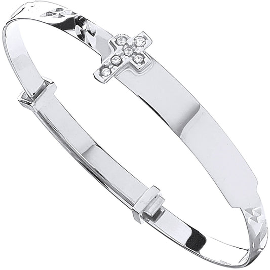 White Gold D/c Expandable Baby Bangle Cubic Zirconia Cross