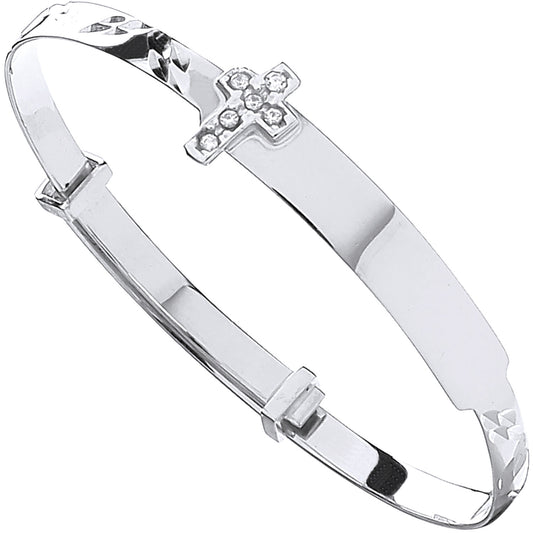 White Gold D/C Expandable Baby Bangle Cubic Zirconia Cross