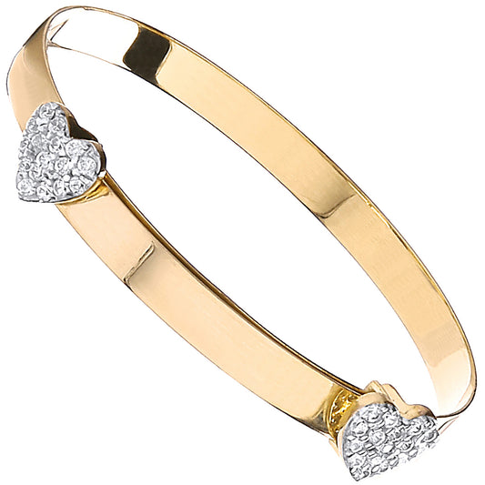 Yellow Gold Expandable Baby Bangle Two Cubic Zirconia Heart