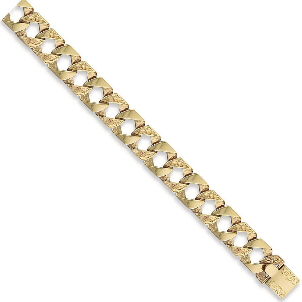 Yellow Gold 15mm Plain & Patterned Casted Curb Bracelet