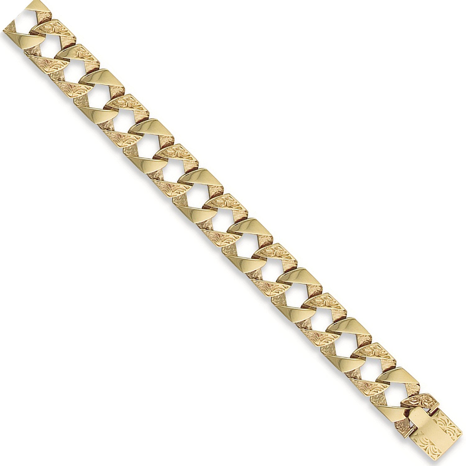 Yellow Gold 15mm Plain & Patterned Casted Curb Bracelet