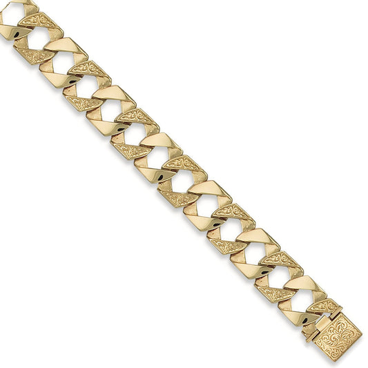 Yellow Gold 17mm Plain & Patterned Casted Curb Bracelet
