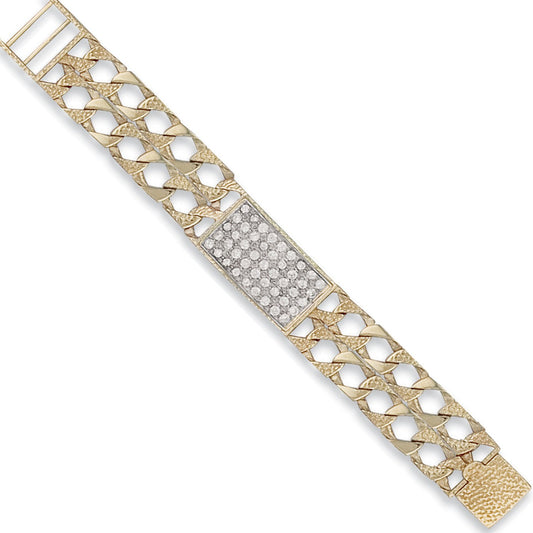 Yellow Gold Plain & Bark Casted Curb Baby Cubic Zirconia Id Bracelet