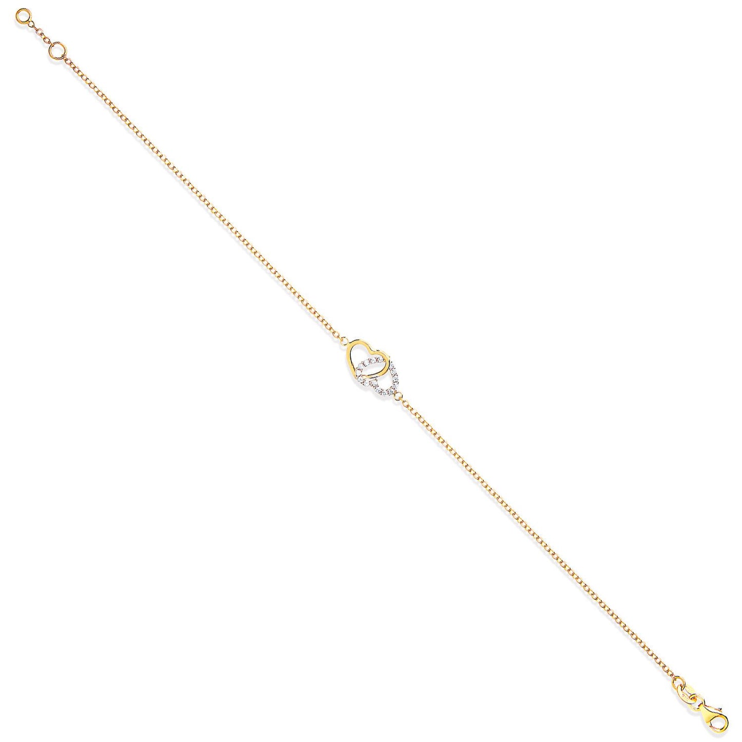 Yellow Gold Plain & Cubic Zirconia Hearts Ladies Bracelet