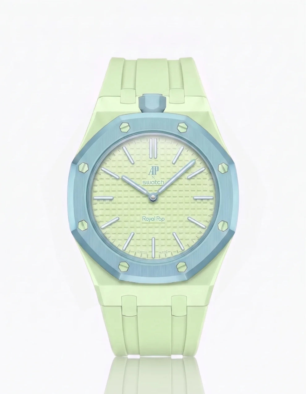 Audemars Piguet x Swatch Royal Pop Blaue Acht with lime strap and light-blue bezel on a reflective white background