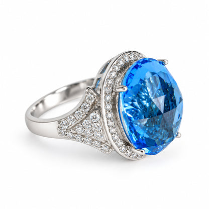 18ct White Gold Oval Blue Topaz & Diamond Halo Cocktail Ring
