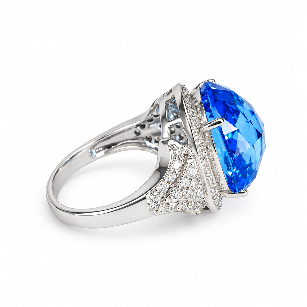 18ct White Gold Oval Blue Topaz & Diamond Halo Cocktail Ring