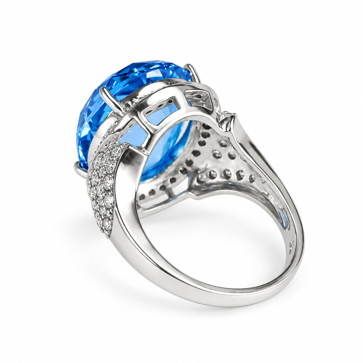 18ct White Gold Oval Blue Topaz & Diamond Halo Cocktail Ring