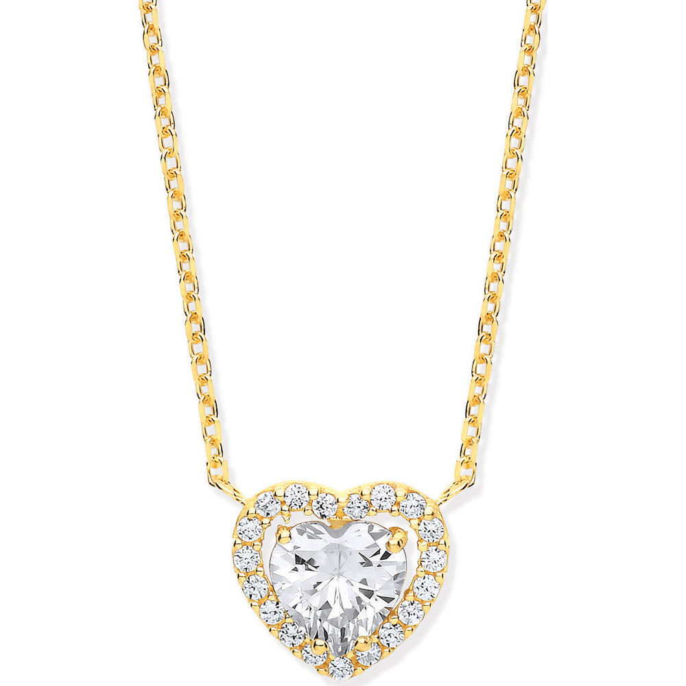 Yellow Gold Heart Halo Style Cubic Zirconias Pendant on 18" Chain