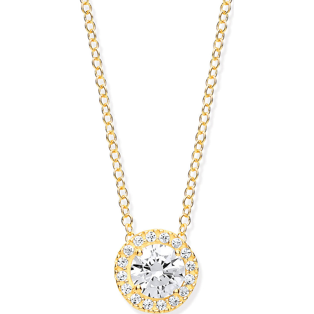 Yellow Gold Round Cubic Zirconia Halo Pendant on 18" Chain