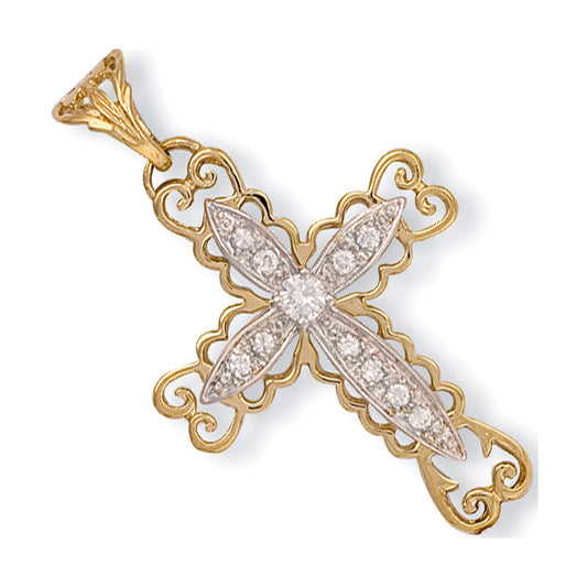 Yellow Gold Fancy Pave Set Cubic Zirconia Cross